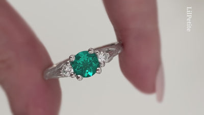 Emerald Tree - Nature Three Stone Twig ring with leaves Set With Emerald and Diamonds
