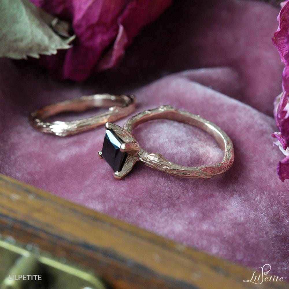 18k Rose Gold Twig Bridal Set with Square Black Diamond