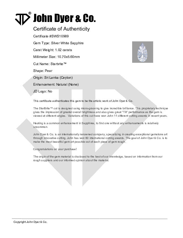 Silver White Sapphire Starbrite™ Cut 1.01 carats (Sold) - JohnDyerGems