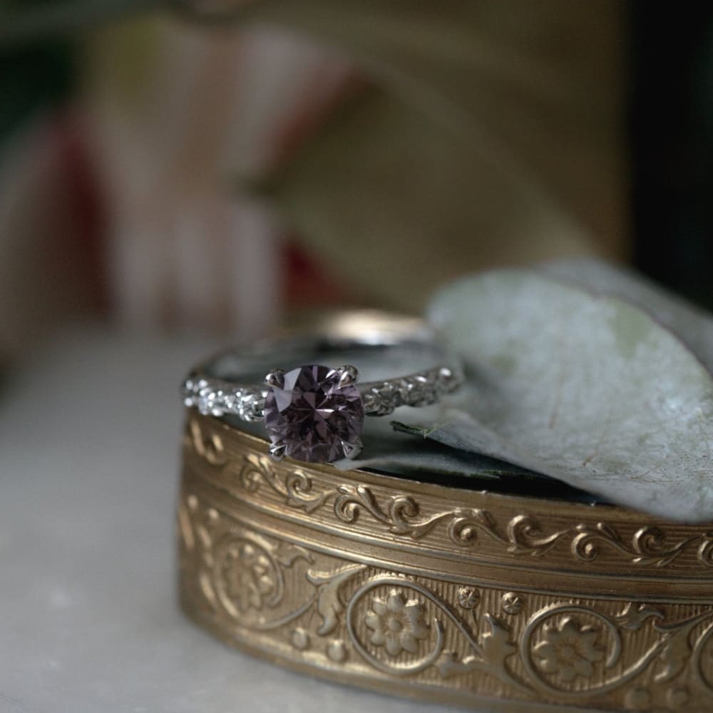 ARVERA- Purple sapphire engagement ring with diamond leaves