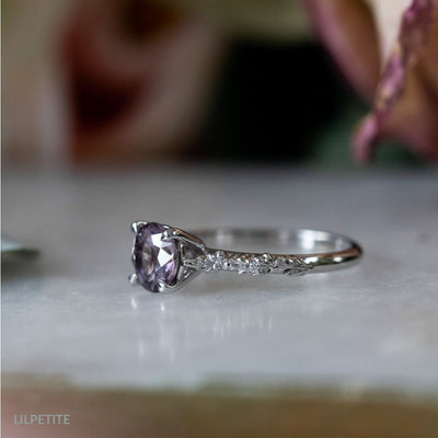 ARVERA- Purple sapphire engagement ring with diamond leaves