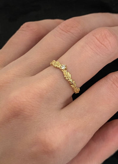 Oak Crown/ Curved Leaf ring - stackable diamond ring