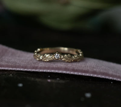 Oak Crown/ Curved Leaf ring - stackable diamond ring