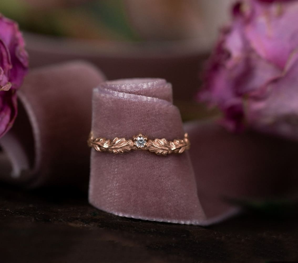 Oak Crown/ Curved Leaf ring - stackable diamond ring