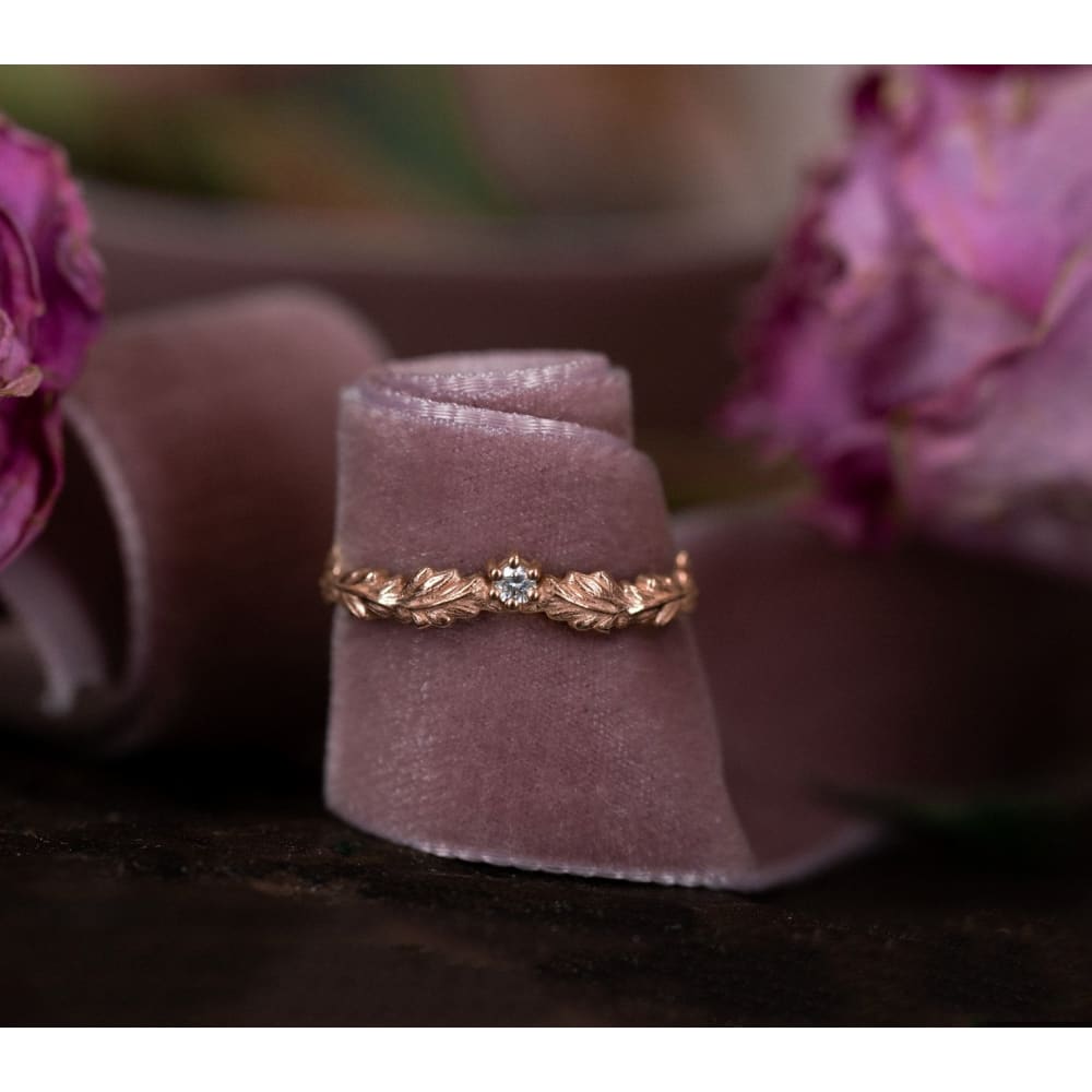 Oak Crown/ Curved Leaf ring - stackable diamond ring