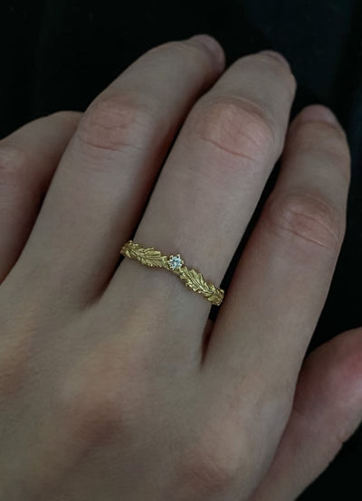 Oak Crown/ Curved Leaf ring - stackable diamond ring