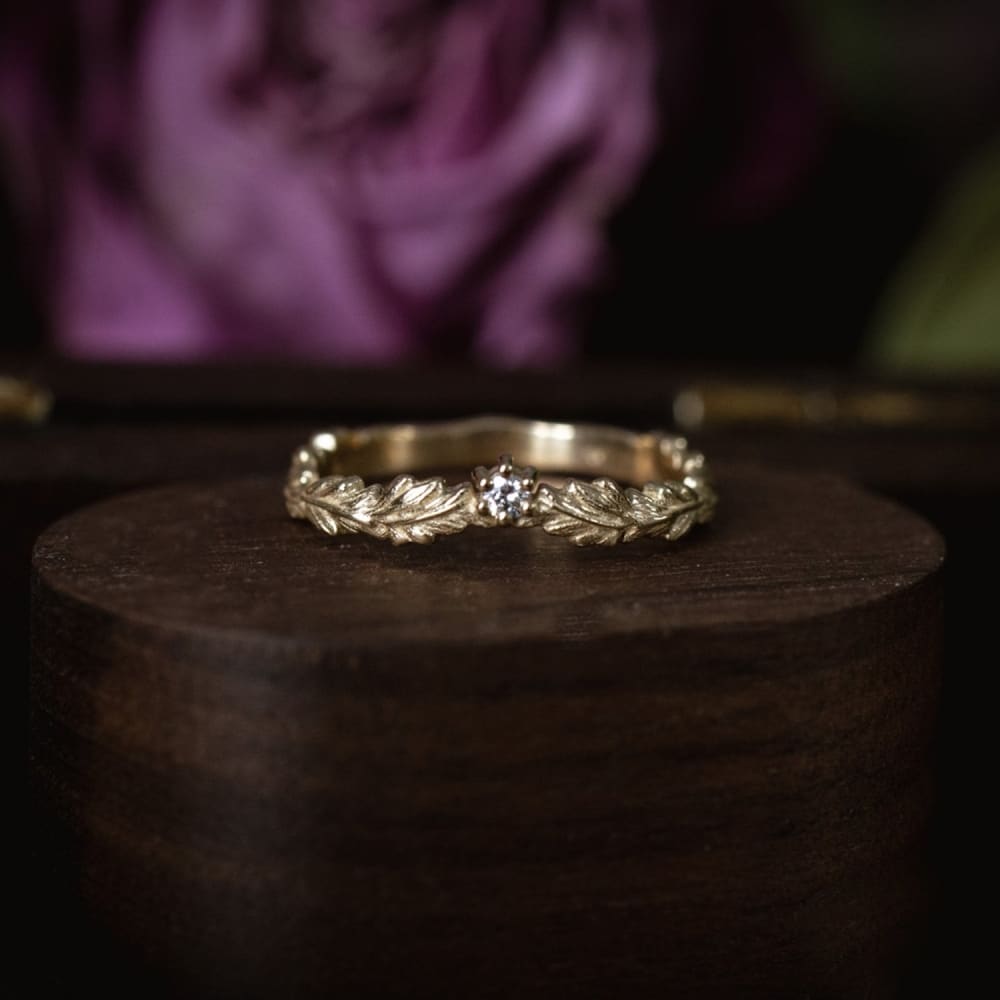 Oak Crown/ Curved Leaf ring - stackable diamond ring