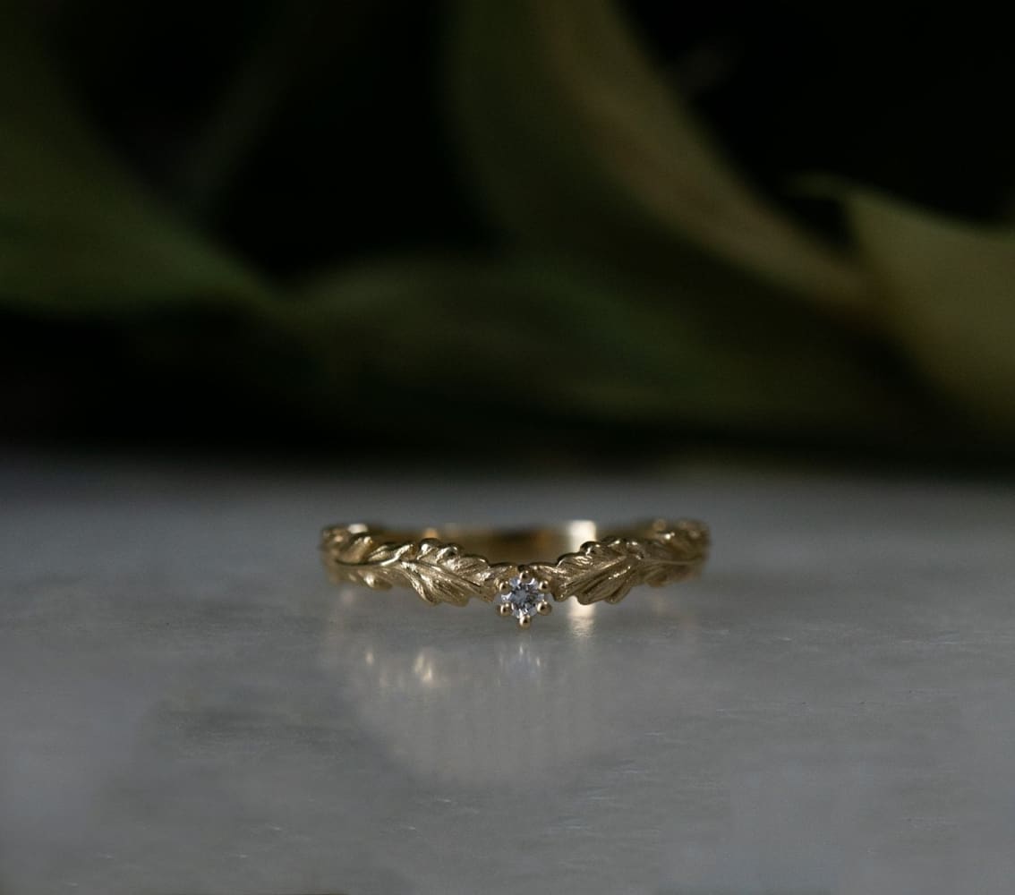 Oak Crown/ Curved Leaf ring - stackable diamond ring