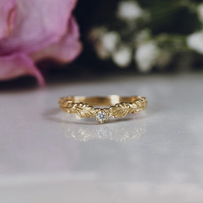 Oak Crown/ Curved Leaf ring - stackable diamond ring