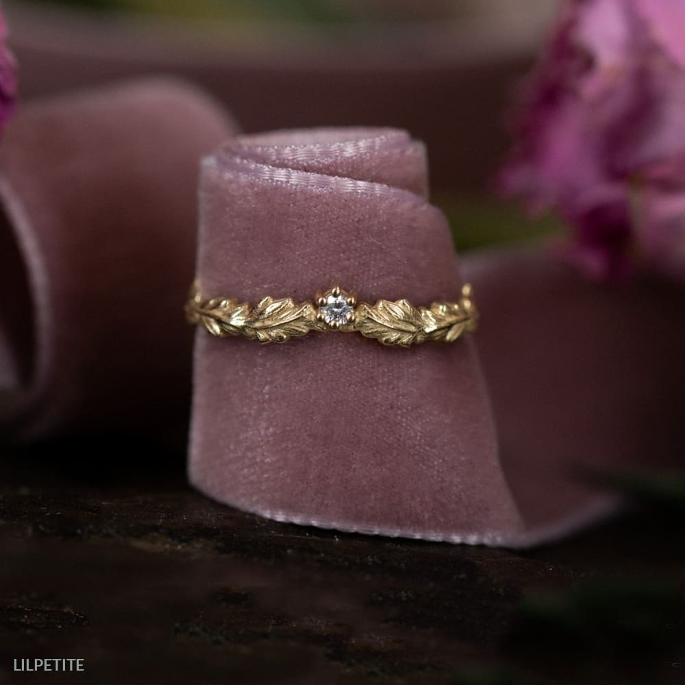 Oak Crown/ Curved Leaf ring - stackable diamond ring