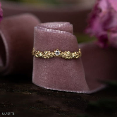 Oak Crown/ Curved Leaf ring - stackable diamond ring