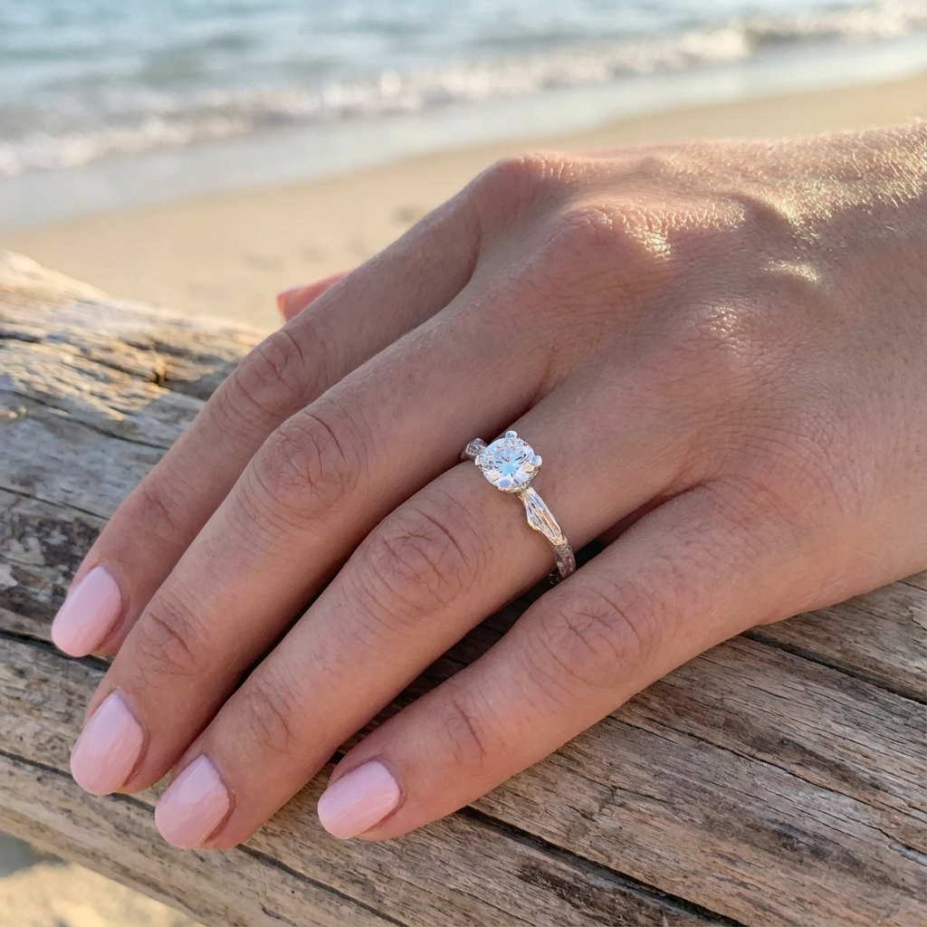 Hand wearing a diamond ring on a wooden surface with a beach background