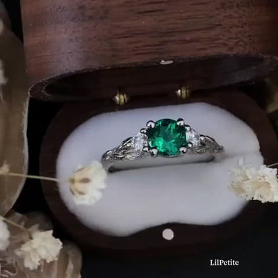 Emerald Tree - Nature Three Stone Twig ring with leaves Set With Emerald and Diamonds